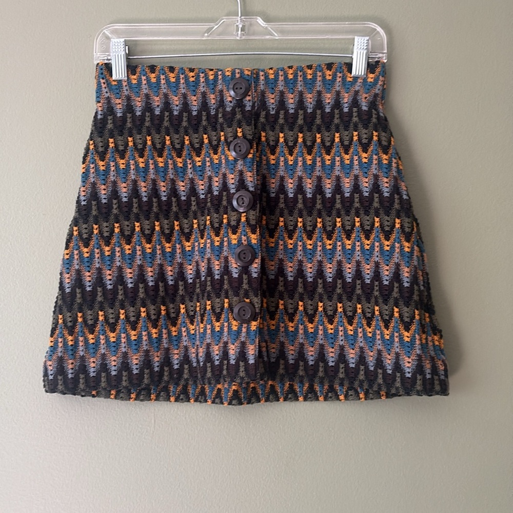 Free People Open Knit Chevron Mod Mini Skirt Buttons 70s 80s Sz S - Picture 2 of 7